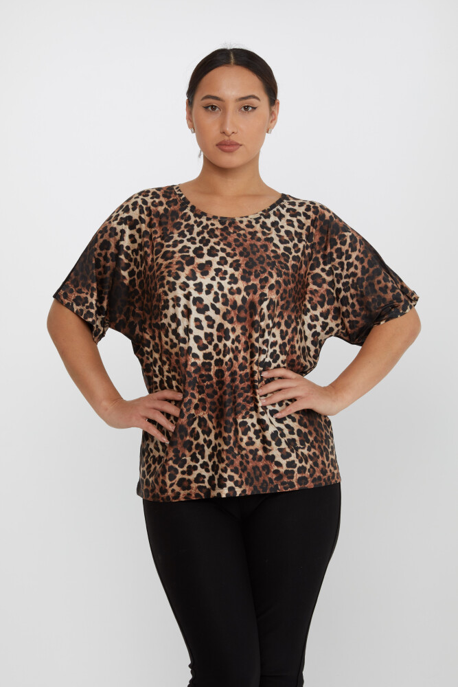 Bluză cu model leopard mânecă scurtă neagră - 80106 | KAZEE (Set de 3 S-M-L) - 1