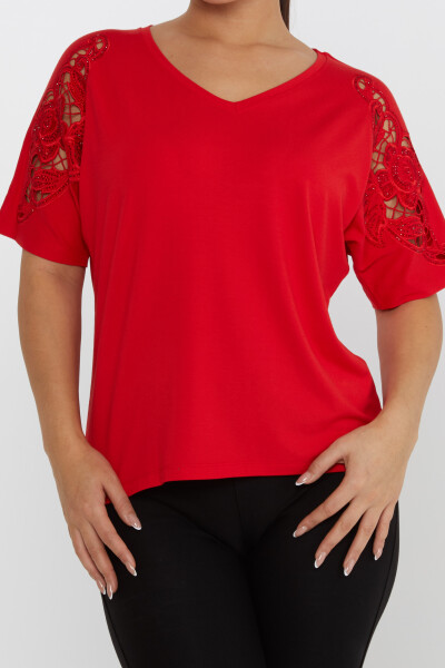 Bluză mânecă detaliată cu piatră brodat roșu - 79092 | KAZEE (Set de 4 L-XL-2XL-3XL) - 3