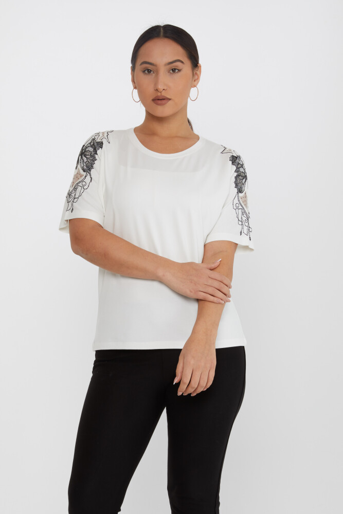 Bluză cu mânecă cu model fluture brodat cu piatră Ecru - 79613 | KAZEE (Set de 4 M-L-XL-2XL) - 2