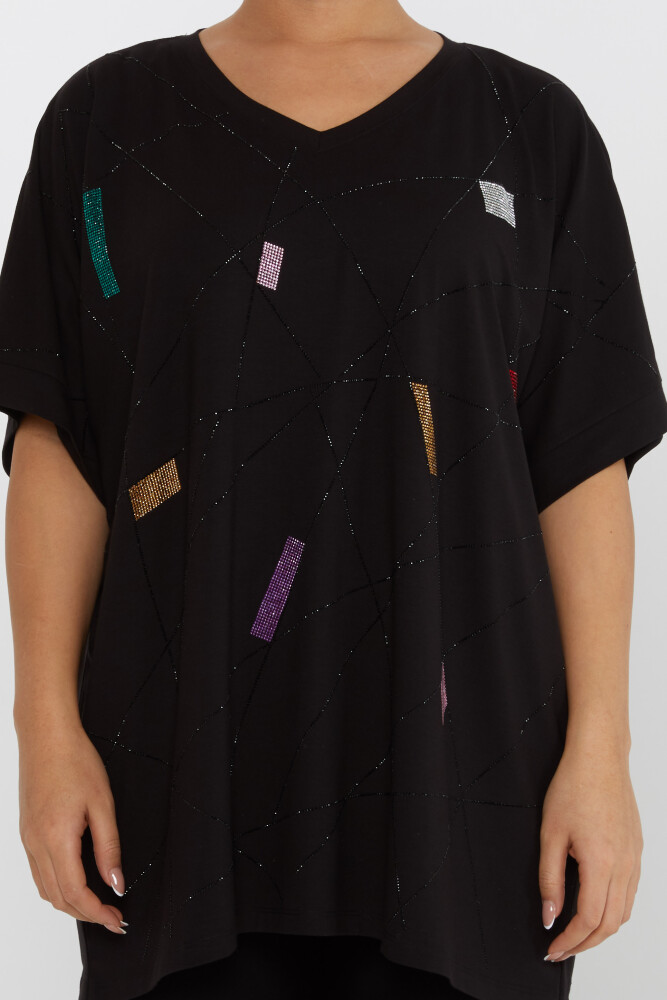 Bluză cu mâneci scurte brodate cu piatră Neagră - 80110 | KAZEE (Set de 4 M-L-XL-2XL) - 3