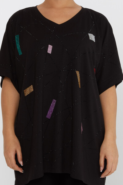 Bluză cu mâneci scurte brodate cu piatră Neagră - 80110 | KAZEE (Set de 4 M-L-XL-2XL) - 3