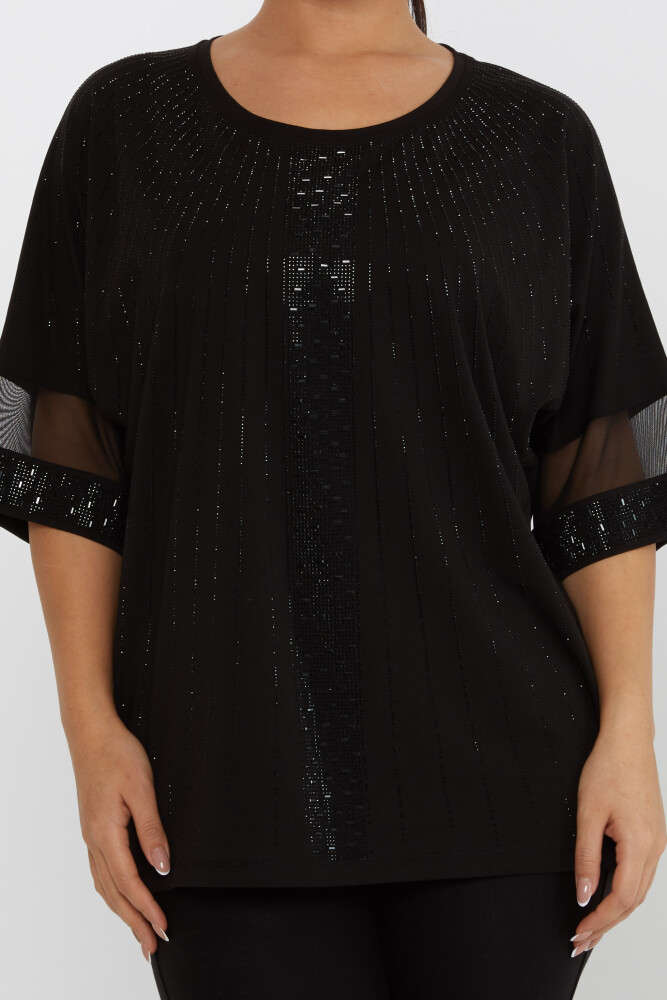 Bluză Tulle Detaliat Stone Brodat Negru - 79884 | KAZEE (Set de 3 L-XL-2XL) - 3