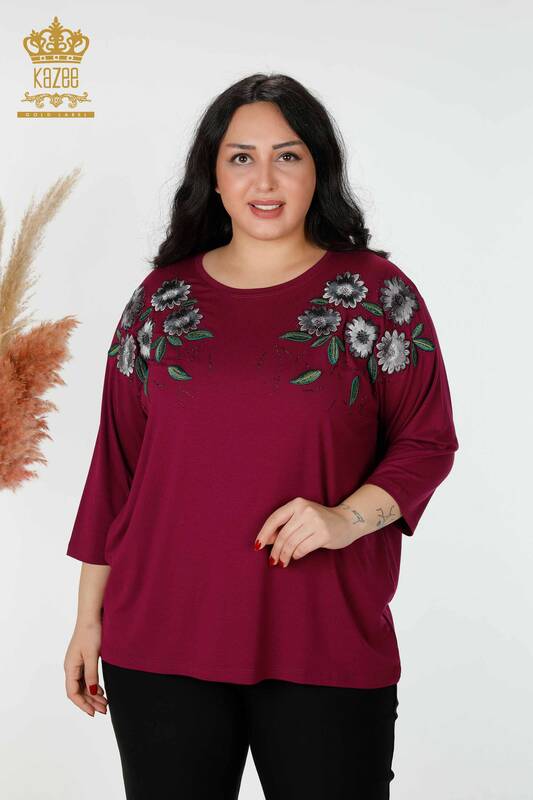 Оптовая Женская блузка с цветочным узором фиолетового цвета - 78947 | КАЗЕЕ