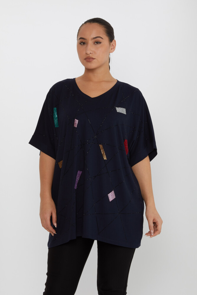 Bluzka Stone haftowana z krótkim rękawem w kolorze granatowym - 80110 | KAZEE (zestaw 4 sztuk M-L-XL-2XL) - 2