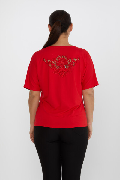 Bluzka z rękawami zdobiona haftem kamiennym w kolorze czerwonym - 79092 | KAZEE (zestaw 4 sztuk L-XL-2XL-3XL) - 5