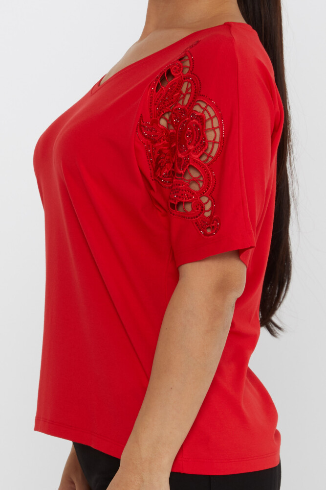 Bluzka z rękawami zdobiona haftem kamiennym w kolorze czerwonym - 79092 | KAZEE (zestaw 4 sztuk L-XL-2XL-3XL) - 4