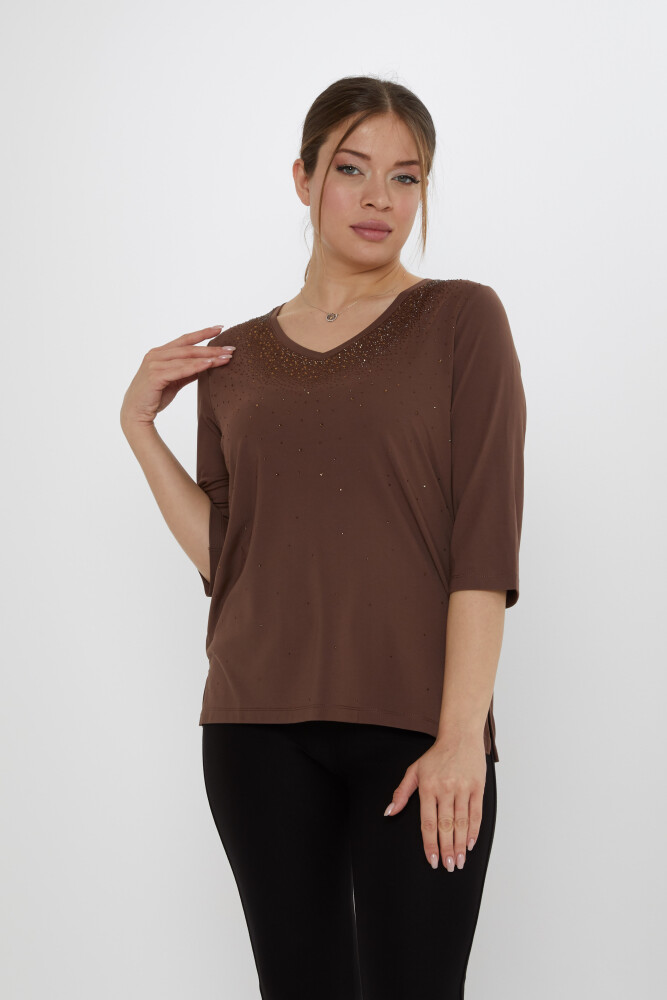 Bluzka Stone haftowana brązowa - 80034 | KAZEE (zestaw 3 sztuk M-L-XL) - 1