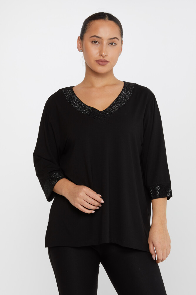 Bluzka Stone haftowany dekolt w serek czarna - 79395 | KAZEE (Zestaw 3 sztuk L-XL-2XL) - 1