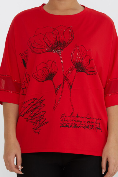 Bluzka z tiulu z haftem kamiennym w kolorze czerwonym - 80112 | KAZEE (zestaw 4 sztuk M-L-XL-2XL) - 3