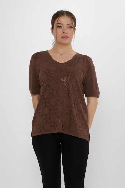 Bluzka z dekoltem w serek Brązowa - 80044 | KAZEE (Zestaw 3 sztuk L-XL-2XL) - Kazee (1)