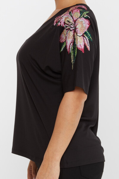 Bluzka z haftem Flower Stone i krótkim rękawem w kolorze czarnym - 79585 | KAZEE (zestaw 4 sztuk M-L-XL-2XL) - 4