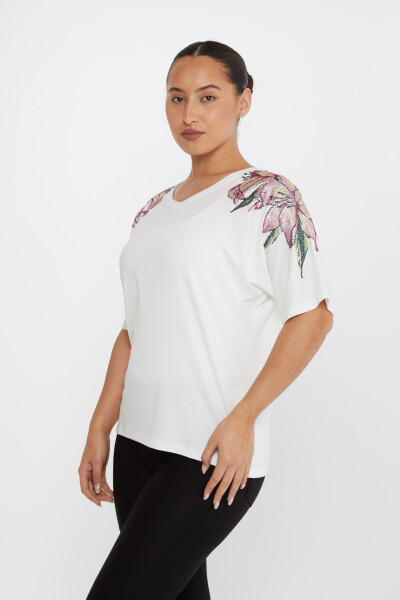 Bluzka z haftem Flower Stone i krótkim rękawem w kolorze ecru - 79585 | KAZEE (zestaw 4 sztuk M-L-XL-2XL) 