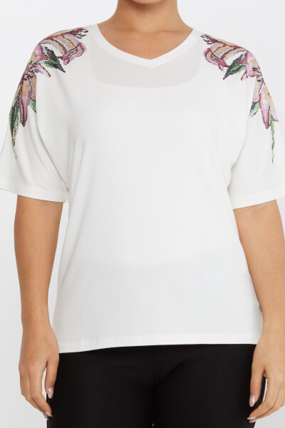 Bluzka z haftem Flower Stone i krótkim rękawem w kolorze ecru - 79585 | KAZEE (zestaw 4 sztuk M-L-XL-2XL) - 3