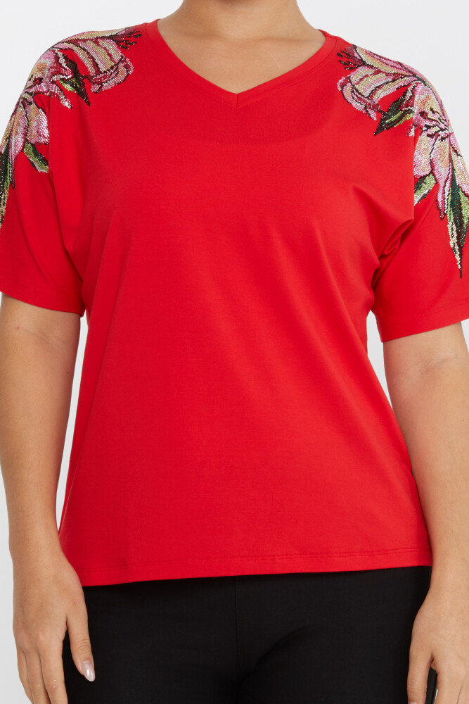 Bluzka z haftem Flower Stone z krótkim rękawem w kolorze czerwonym - 79585 | KAZEE (zestaw 4 sztuk M-L-XL-2XL) - 3