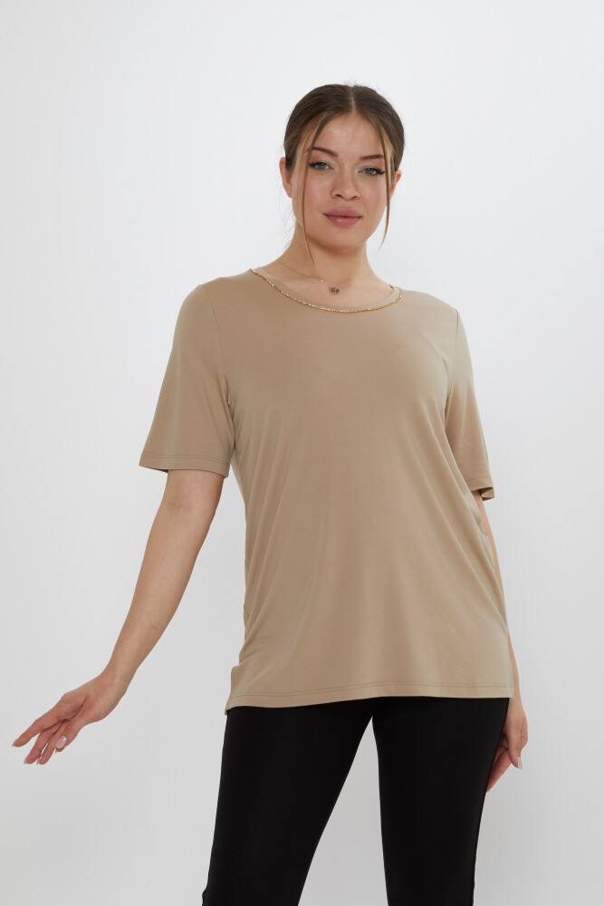 Bluzka z kołnierzykiem z kamieniem w kolorze beżowym - 80030 | KAZEE (zestaw 3 sztuk M-L-XL) - 2