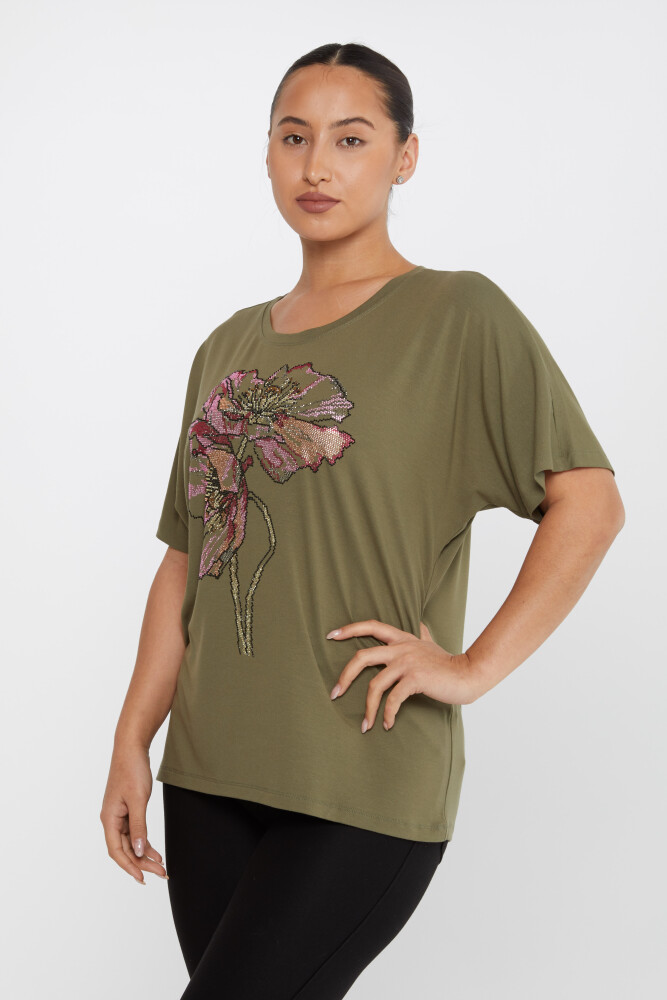 Bluzka z haftem w kolorze kamienia, krótki rękaw, khaki - 79634 | KAZEE (zestaw 4 sztuk M-L-XL-2XL) - 1