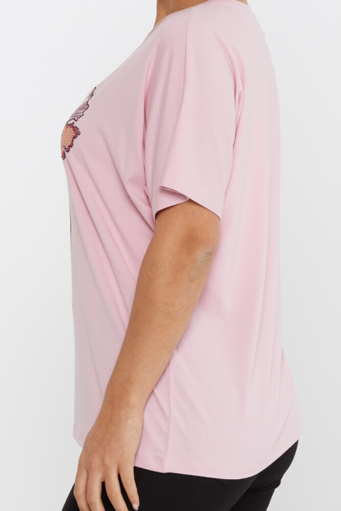 Bluzka z haftem w kolorze różowym z krótkim rękawem - 79634 | KAZEE (zestaw 4 sztuk M-L-XL-2XL) - 4