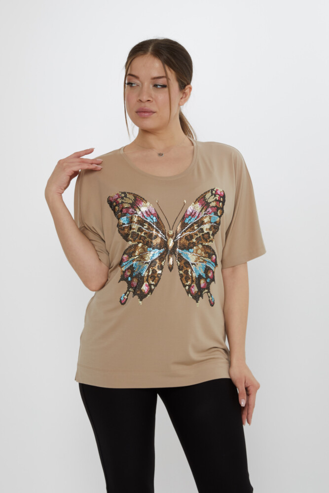 Bluzka z wzorem motyli w kolorze beżowym - 80046 | KAZEE (Zestaw 3 sztuk L-XL-2XL) - 2