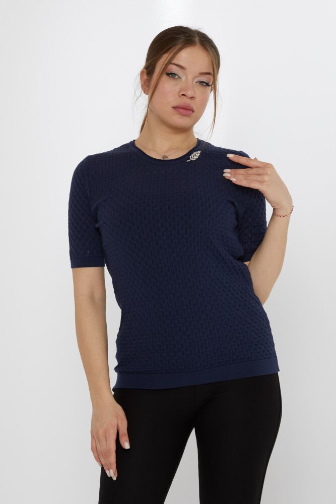 Broszka z dzianiny w kształcie liścia w kolorze granatowym - 31811 | KAZEE (zestaw 3 sztuk M-L-XL) - 1