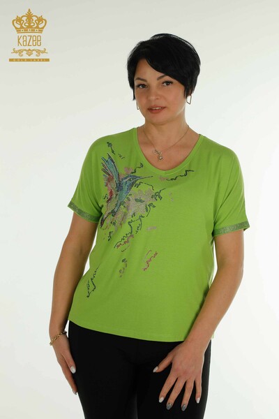 Camicetta da donna all'ingrosso fantasia uccelli verde - 79296 | KAZEE - Thumbnail