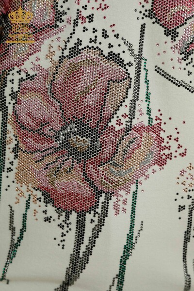 Camicetta da donna all'ingrosso ricamata floreale color écru - 79330 | KAZEE - Thumbnail