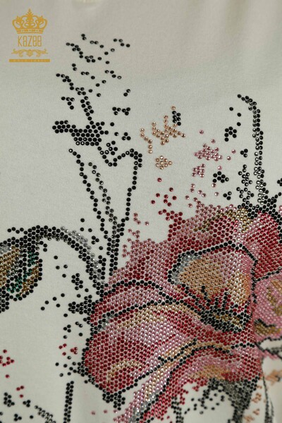 Camicetta da donna all'ingrosso ricamata floreale color écru - 79330 | KAZEE - Thumbnail