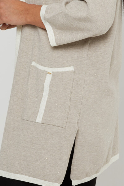 Cardigan tricoté avec poche détaillée bicolore beige - 31067 | KAZEE (Lot de 4 M-L-XL-2XL) - 3