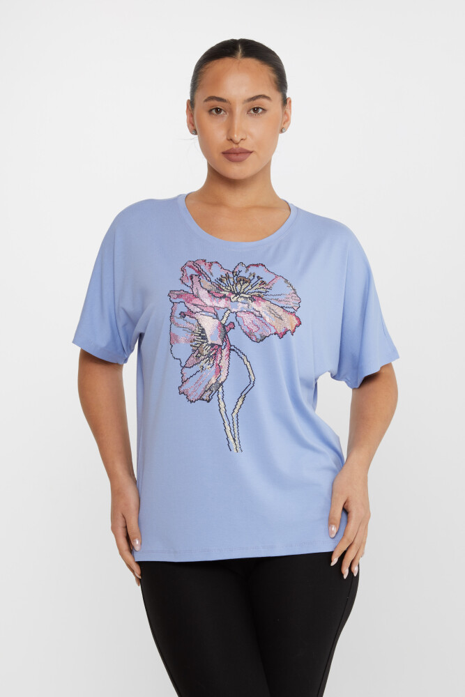 Chemisier brodé en pierres colorées à manches courtes Bleu - 79634 | KAZEE (Lot de 4 M-L-XL-2XL) - 1