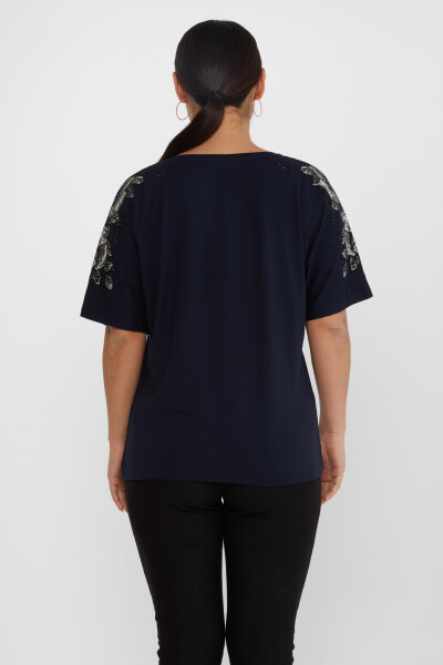 Chemisier Fleur Pierre Brodée Manches Courtes Bleu Marine - 80101 | KAZEE (Lot de 4 L-XL-2XL-3XL) - 5