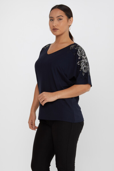 Chemisier Fleur Pierre Brodée Manches Courtes Bleu Marine - 80101 | KAZEE (Lot de 4 L-XL-2XL-3XL) - 2