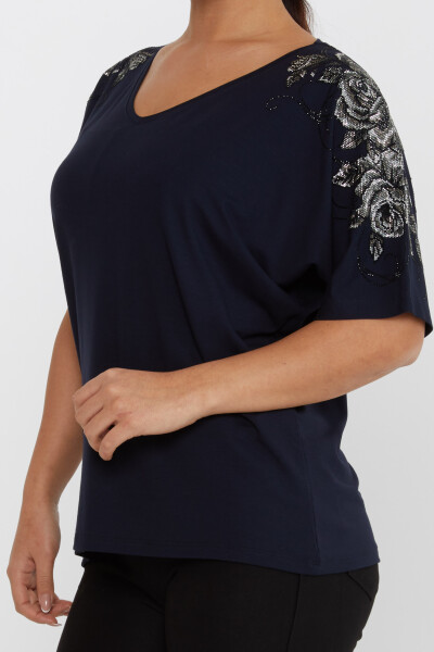 Chemisier Fleur Pierre Brodée Manches Courtes Bleu Marine - 80101 | KAZEE (Lot de 4 L-XL-2XL-3XL) - 4