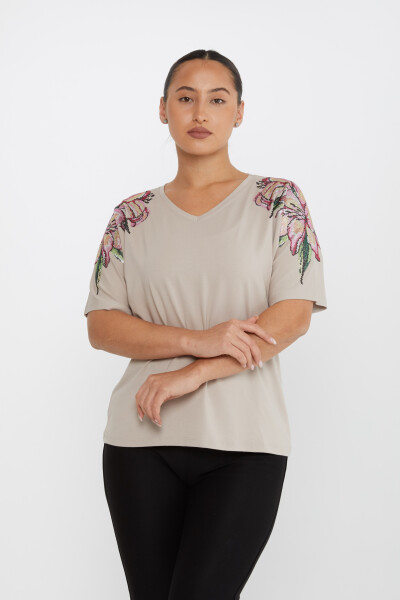 Chemisier Fleur Pierre Brodée Manches Courtes Vison - 79585 | KAZEE (Lot de 4 M-L-XL-2XL) 