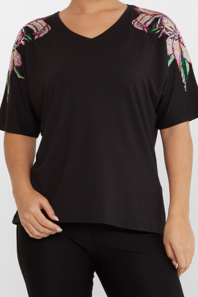 Chemisier Fleur Pierre Brodée Manches Courtes Noir - 79585 | KAZEE (Lot de 4 M-L-XL-2XL) - 3