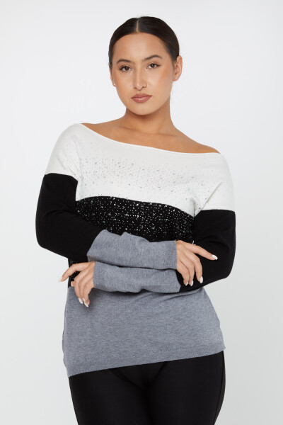 Çizgili Taş İşlemeli Triko Kazak Ekru Gold- 2425-31081 | KAZEE (2'li Set STD-2) - Kazee