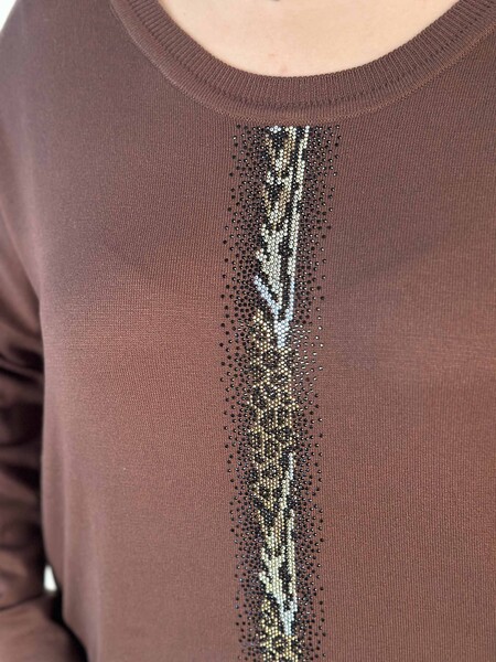 Vendita all'ingrosso Maglieria da donna Tasca maglione Girocollo con motivo leopardato ricamato in pietra dettagliata Marrone - 30621 | KAZEE - 4