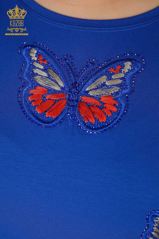 Camicetta delle donne all'ingrosso farfalla colorata modellato blu scuro - 77901 / KAZEE