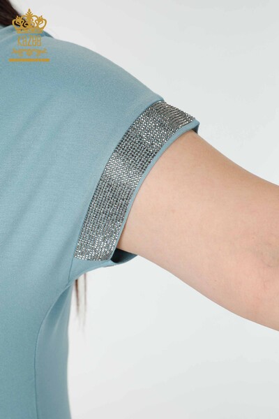 Camicetta da donna all'ingrosso blu chiaro con ricamo in pietra - 78918 / KAZEE - 4