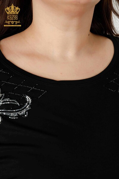 Camicetta da donna all'ingrosso nera con ricamo in pietra di cristallo - 79055 / KAZEE - Thumbnail