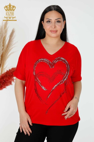 Camicetta da donna all'ingrosso con motivo a cuore-Rosso - 77711 / KAZEE - Thumbnail
