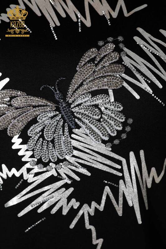 Camicetta delle donne all'ingrosso farfalla fantasia nero - 78926 / KAZEE