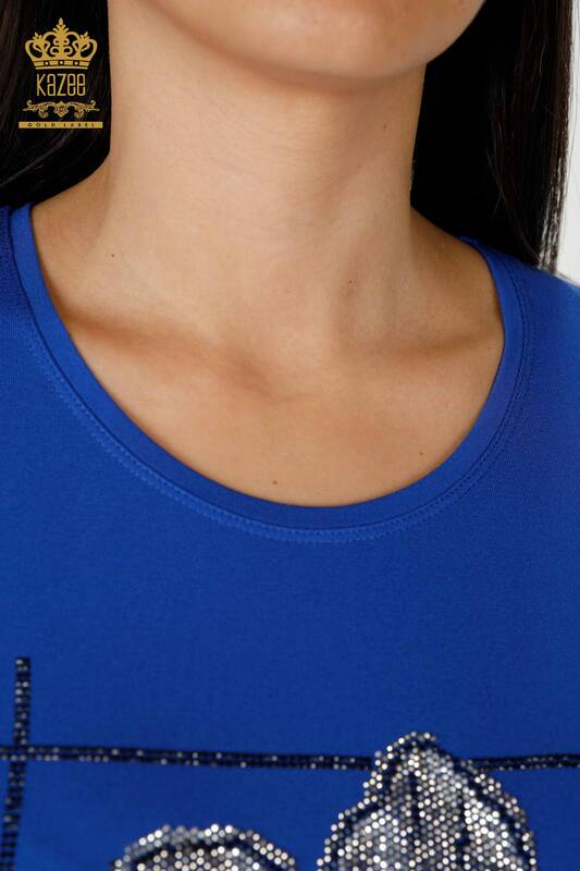 Camicetta blu scuro delle donne all'ingrosso con motivo floreale - 79014 / KAZEE