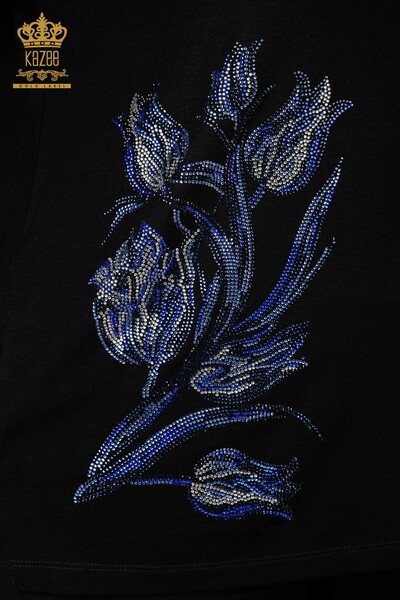 Camicetta da donna all'ingrosso nera con motivo floreale - 77908 / KAZEE - Thumbnail