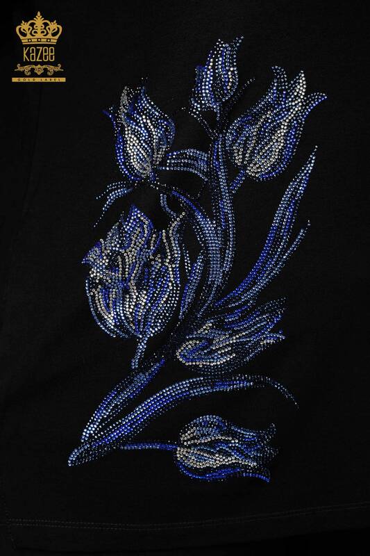 Camicetta da donna all'ingrosso nera con motivo floreale - 77908 / KAZEE