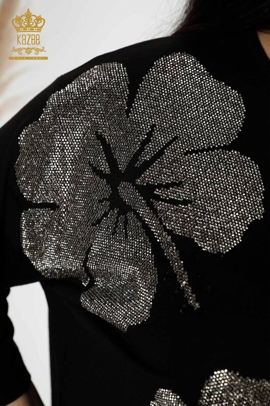 Camicetta da donna all'ingrosso nera con motivo floreale - 78990 / KAZEE