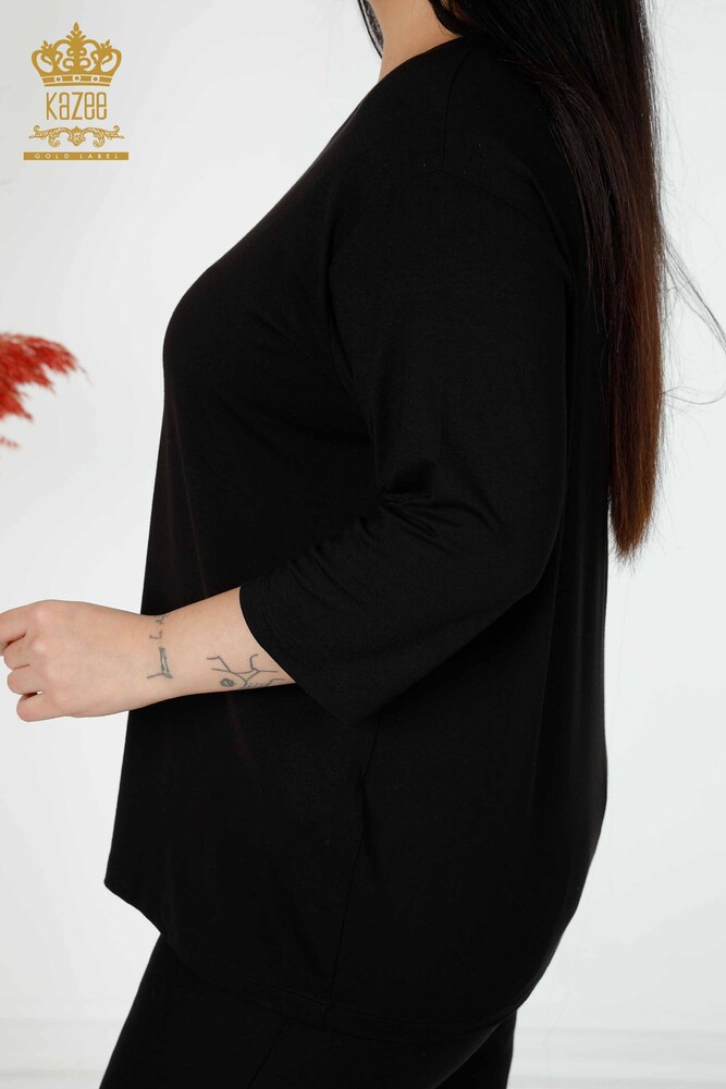 Camicetta da donna all'ingrosso nera con motivo floreale - 78990 / KAZEE - 6