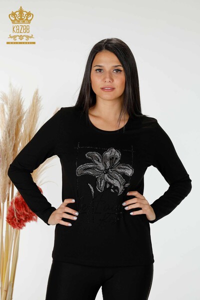 Camicetta da donna all'ingrosso nera con motivo floreale - 79014 / KAZEE - Thumbnail