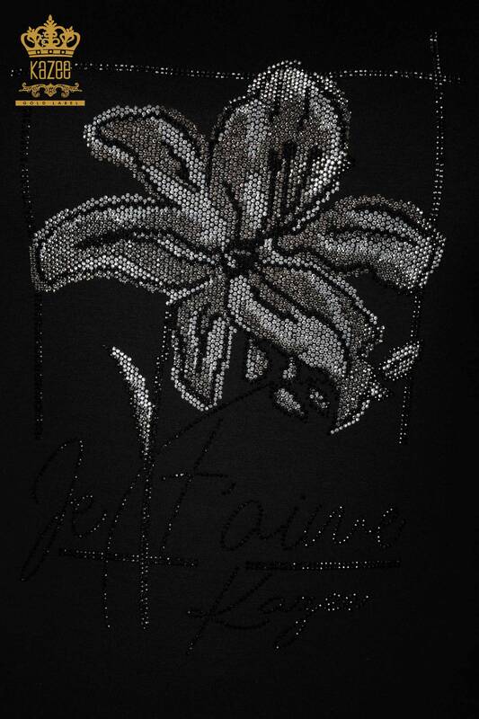 Camicetta da donna all'ingrosso nera con motivo floreale - 79014 / KAZEE