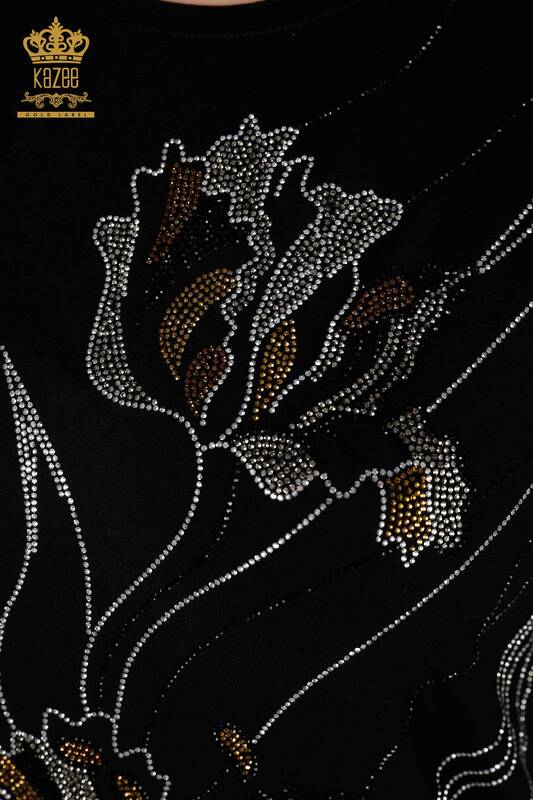 Camicetta da donna all'ingrosso nera con motivo floreale - 79028 / KAZEE