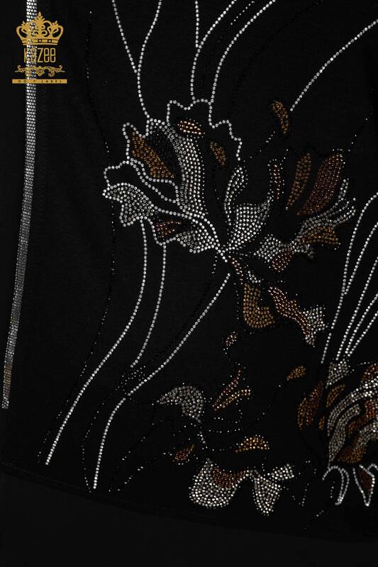 Camicetta da donna all'ingrosso nera con motivo floreale - 79028 / KAZEE