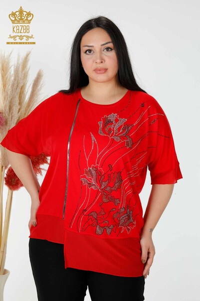Camicetta delle donne all'ingrosso floreale modellato rosso - 79028 / KAZEE - Thumbnail